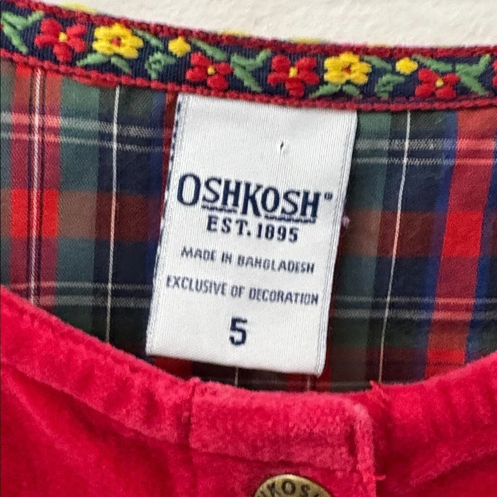 OshKosh B'gosh vintage Red Plaid velvet dress with Floral embroidery- girls 5